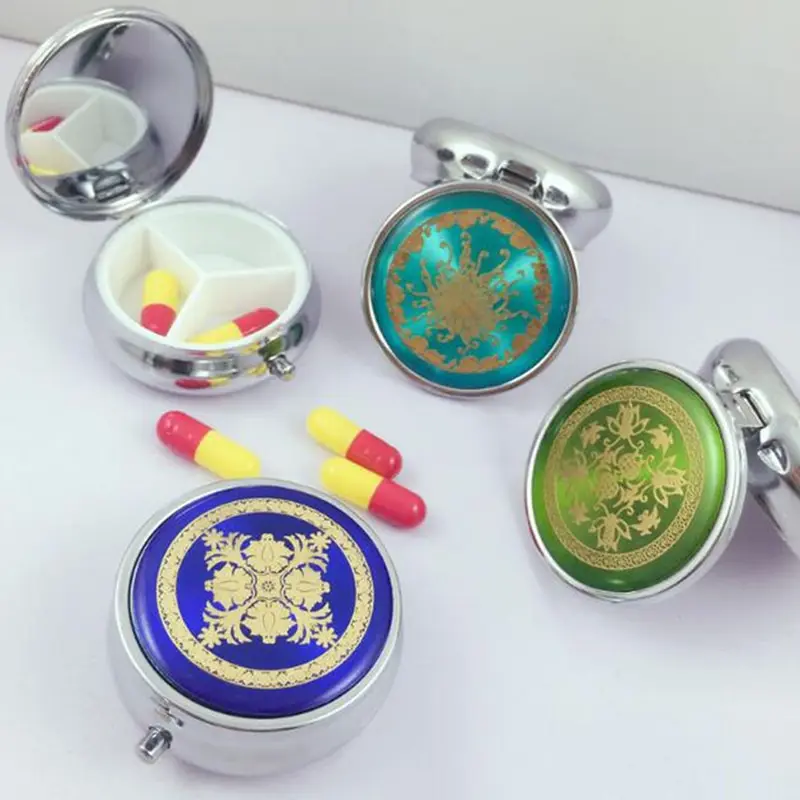 

1 Pc Travel Makeup Storage Container Metal Round Flower Print Folding Pill Case Medicine Organizer Box Random