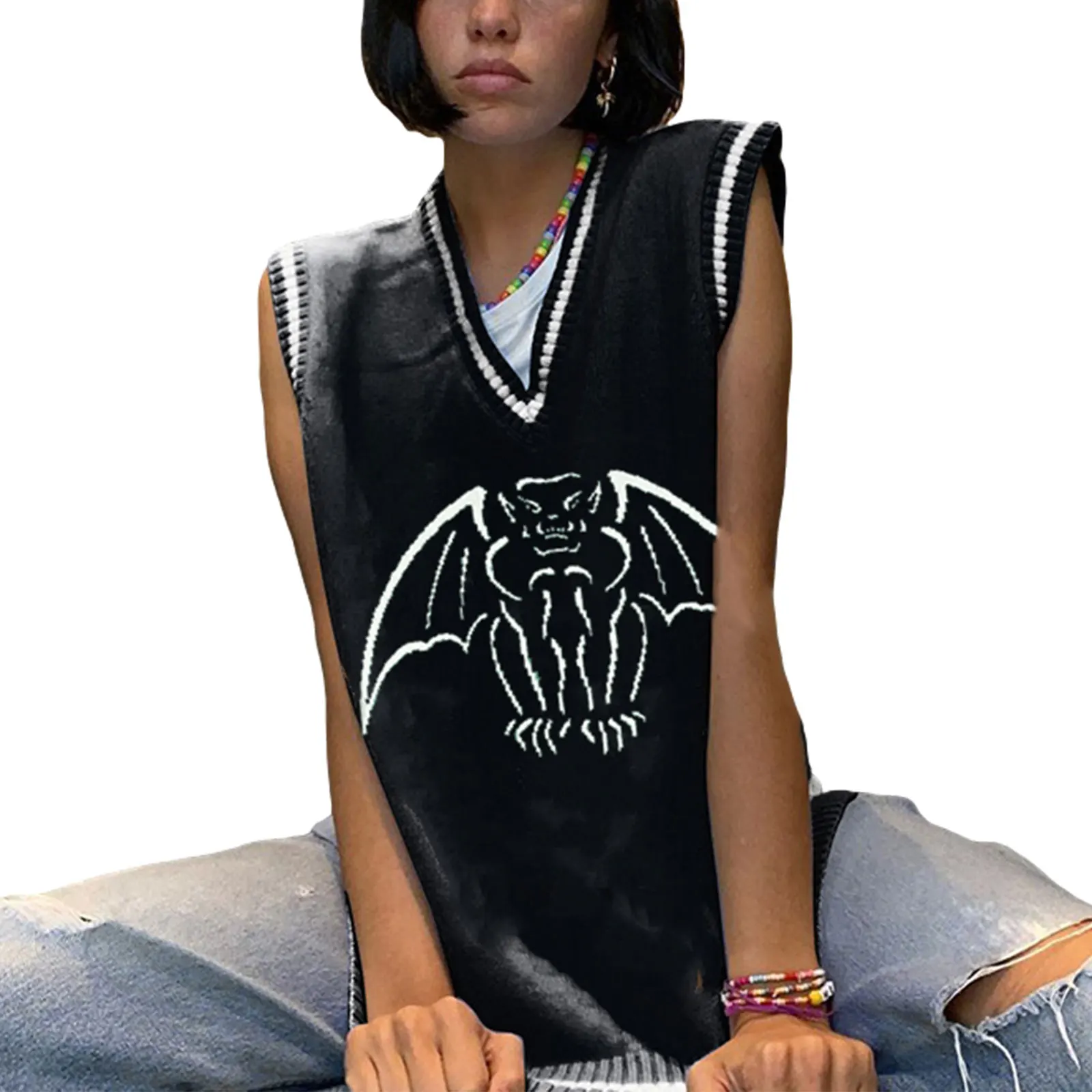 

Женская одежда 2021, женский свитер с V-образным вырезом, пуловер, повседневный Свободный Вязаный топ без рукавов с животным принтом, одежда дл...