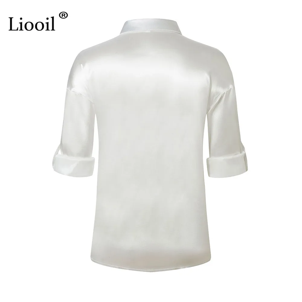 

Liooil Patchwork White Satin Blouse Leopard Print Top Women Streetwear Long Sleeve Pockets Party Club Womens Tops And Blouses