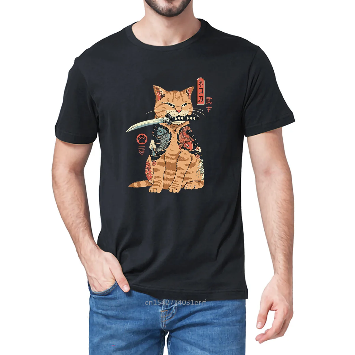 

Japanese Style Cat Anime Samurai Sword Men's Novelty Oversized Casual Streetwear Soft Tee Gift