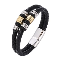 double layer stainless steel braided leather men bracelet luxury accessories combination handmade wristband male jewelry pd1073