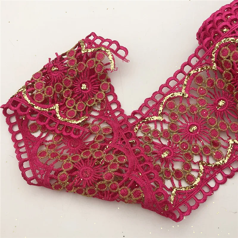 10 ярдов винтажная Золотая желтая и ярко-розовая вышитая кружевная ткань с