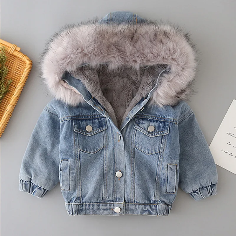 Winter Baby Girl Warm Thick Denim Jacket Fur Hooded Toddler Girl Baby Outerwear Denim Jacket Cotton Kids Boys Parka Children images - 6