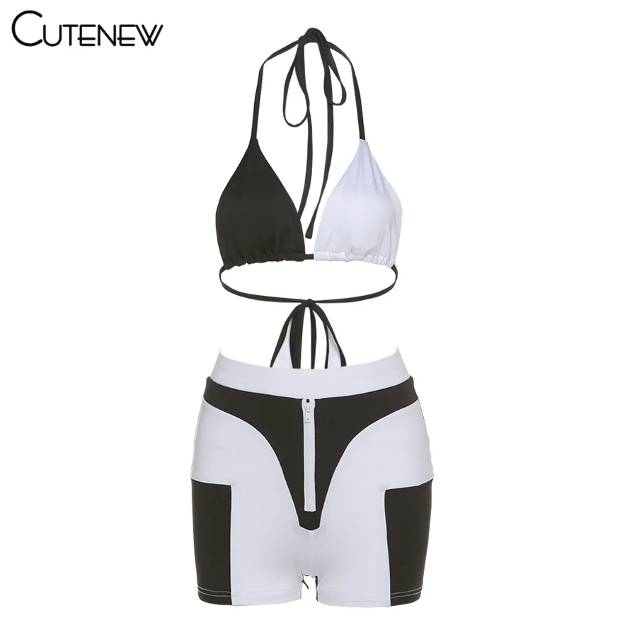 

Cutenew Fashion Color Blocking Matching Set Women Summer Sexy Bandage Club Crop Top And Zip Shorts Two Piece Sets Skinny Outfits