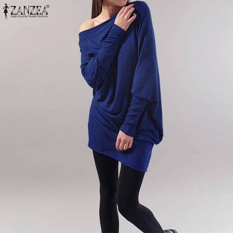 Женская блузка ZANZEA, Женская Сексуальная рубашка с открытыми плечами, повседневные свободные одноцветные топы с рукавами, туника, Blusas Femininas размера плюс