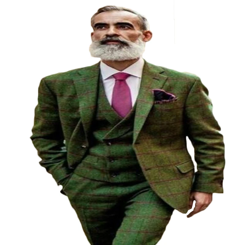 Traje Vintage a cuadros para hombre, de 3 piezas esmoquin de Tweed, color verde oliva, con solapa de muesca, PARA CENA y graduación, novedad de 2020