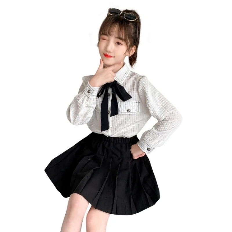 

Bow Spring Autumn Baby Girls Suit Blouse + Dress 2pcs Kids Teenage Outwear Children Clothing High Quality