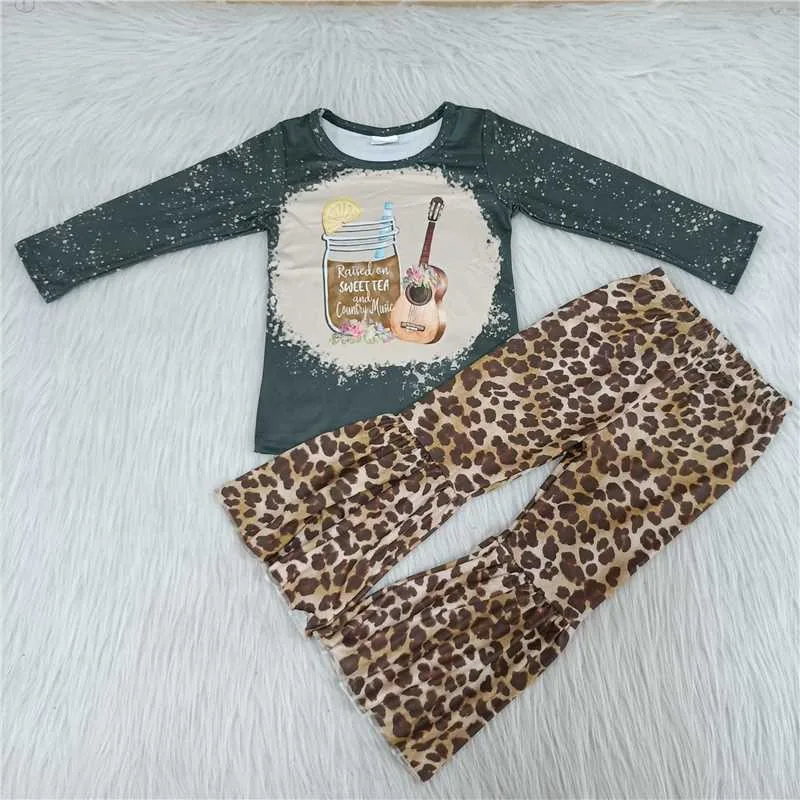 

Guitar Leopard Outfits For Baby Girls Long Sleeves Top Bell Bottom Pants Kids Sets Children Clothes Boutique New Arrived