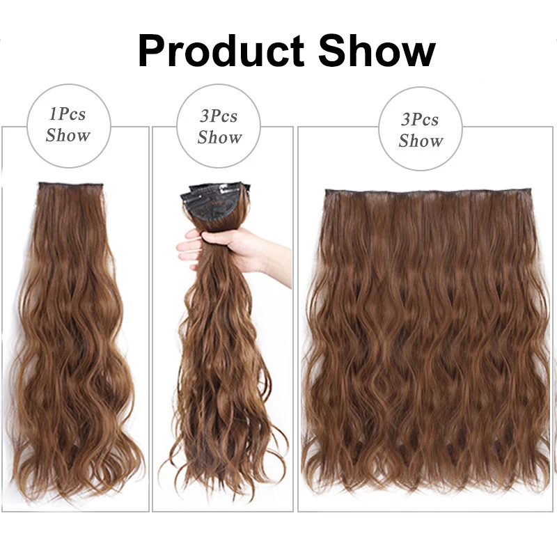 

AOSIWIG Long Wavy Heat Resistant Synthetic Hair Extensions Clips in High Temperature Fiber Black Brown 6Pcs/Set Hairpiece