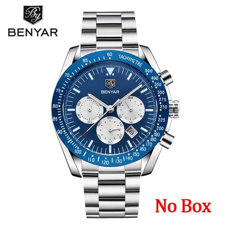 Blue No Box Новые мужские часы BENYAR Топ бренд класса люкс кварцевые часы для бизнеса мужские часы настенные часы хронограф водонепроницаемый Relogio Masculino - Цвет: Blue No Box