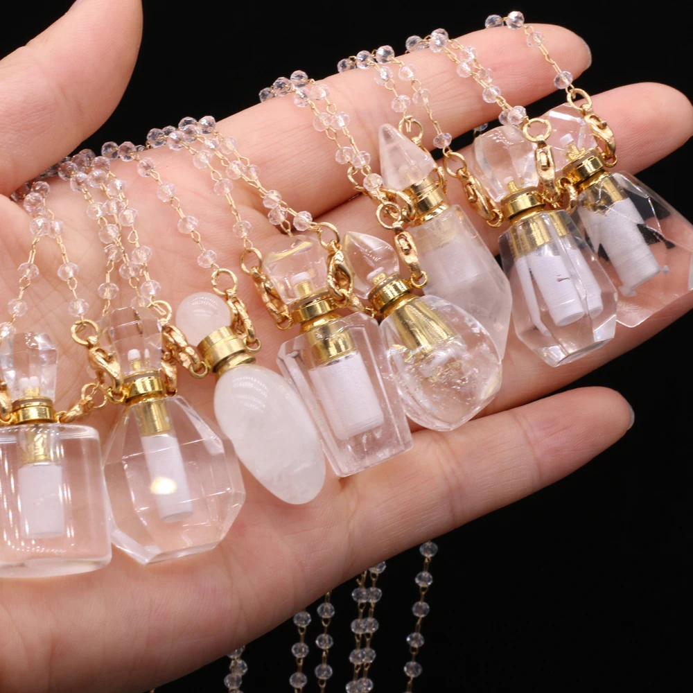 

Natural White Crystal Essential Oil Diffuser Necklace Charms Perfume Bottle Pendant Necklace Quartzs Chain for Women Gift