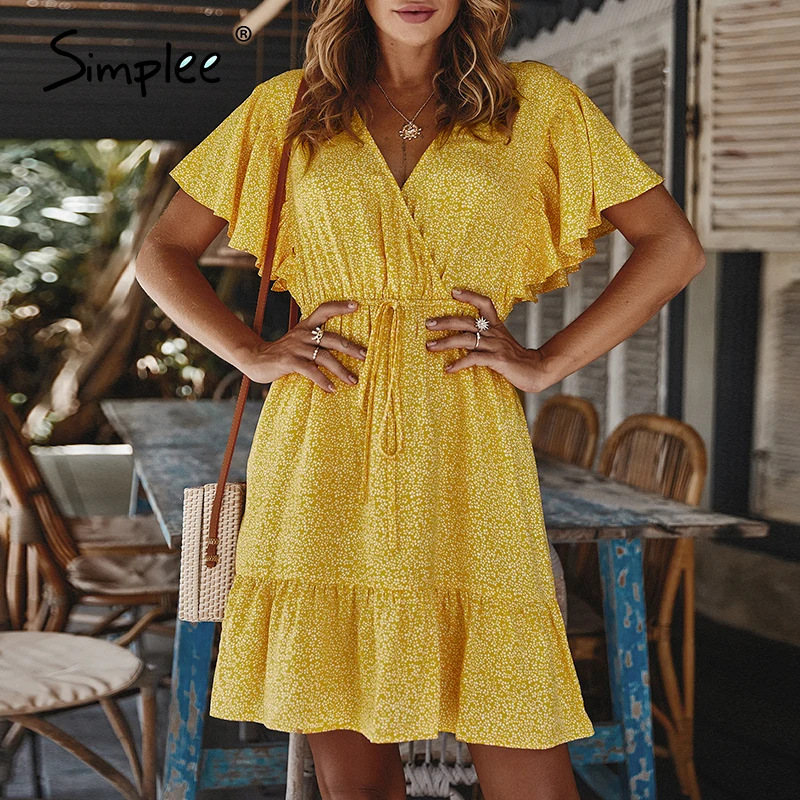 Женское платье с цветочным принтом Simplee гофрированное летнее v-образным вырезом и