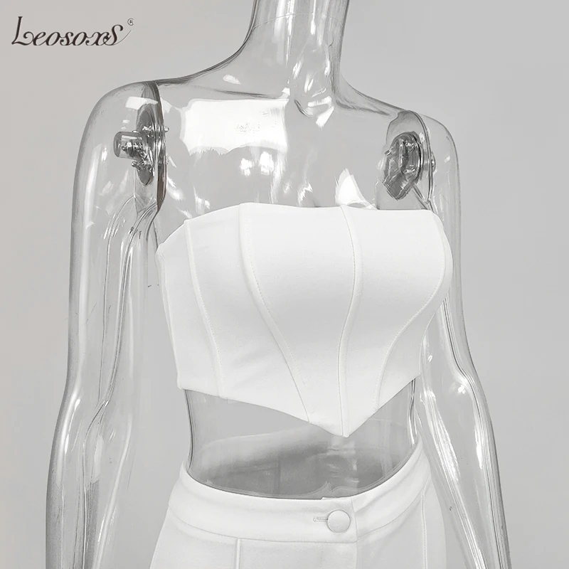 

Strapless Boned Corset Crop Top Two Piece Set Women High Waist Flare Trousers 2 Piece Sets Summer Long Pants Suit Whte