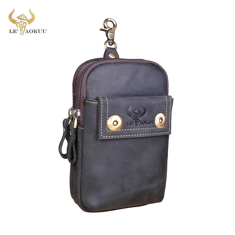 

Original Leather men Casual Coffee Travel Design Small Pouch Fashion Hook Fanny Waist Belt Pack Cigarette Case Phone Pouch 009