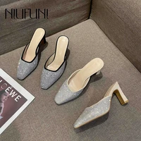 niufuni summer bling square toe rhinestones outdoor fashion 2022 new thick high heels slippers sandals sexy slip on slides shoes