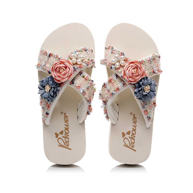 

On A Wedge Shoes Woman 2021 Slippers For Swimming Pool Med Platform Luxury Slides Flower Beach Designer PU Fashion Floral