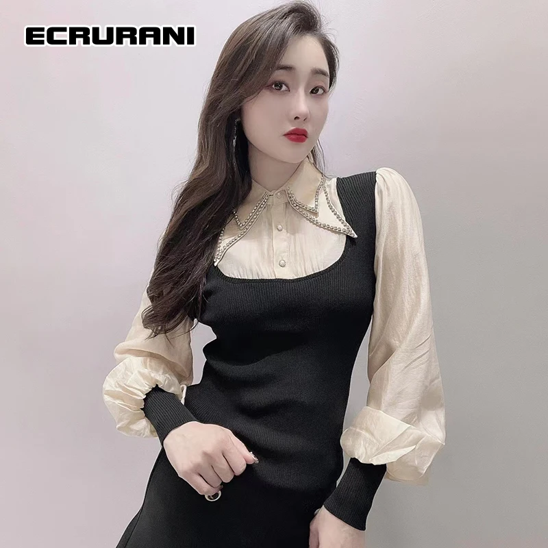 

ECRURANI Colorblock Shirts For Females Lapel Puff Long Sleeve Slimming Casual Blouses Women's Autumn Fashion Clothing 2021 Style