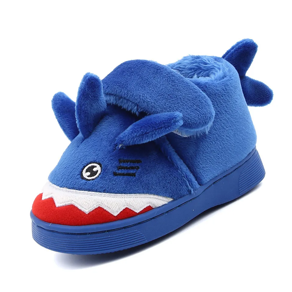 

Winter Children's Shoes Cute Cartoon Shark Pattern Cotton Drag Home Baby Indoor Super Warm Slippers Fur Soft Sole Floor Shoes