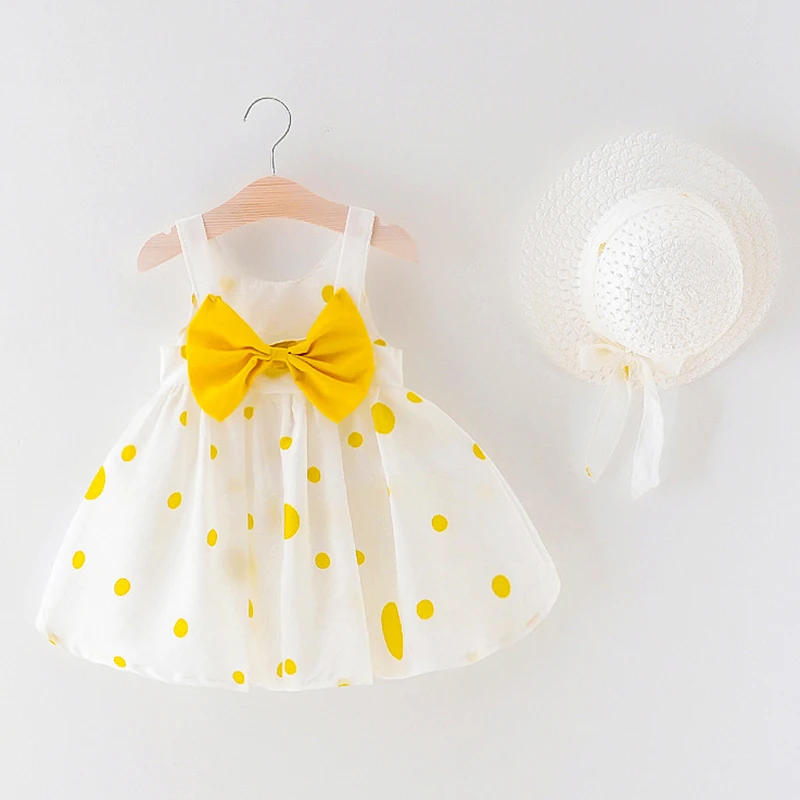 Повседневное летнее платье 3 цвета милое с большим бантом в горошек для девочек
