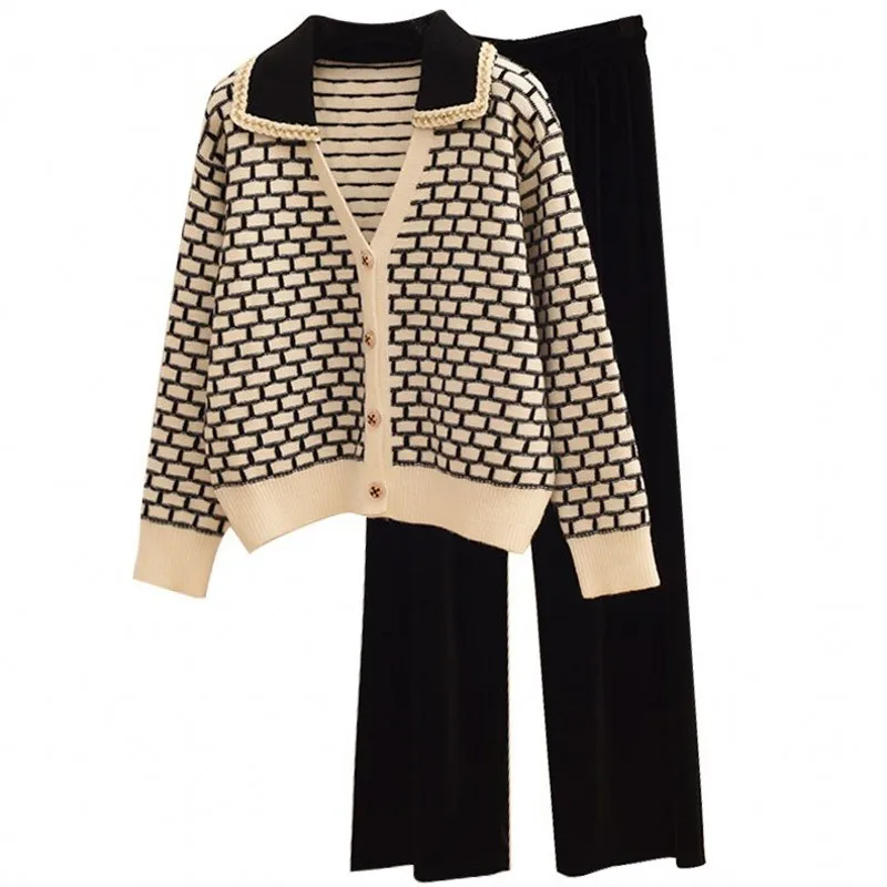 

Повседневный комплект из двух предметов, женский кардиган, свитер, топ, наряды, Осенний вязаный свитер в клетку с принтом, офисный женский бр...
