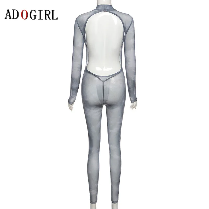 

Adogirl See Trough Backless Long Sleeve Jumpsuit Elegant Womens Overalls Sexy Transparent Bodycon Romper Party Night