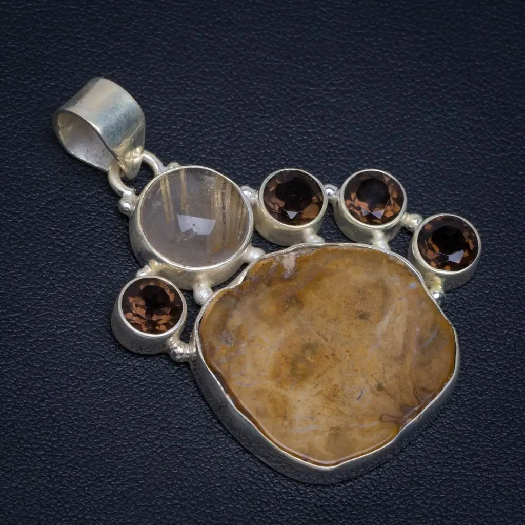 

Natural Golden Rutilated Quartz, Jasper and Smoky Quartz Unique Design 925 Sterling Silver Pendant 2" D515