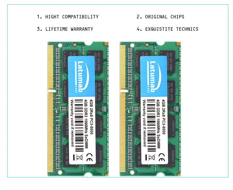 Latumab 4 ГБ DDR3 1066 МГц PC3 8500 Новая память ноутбука ОЗУ SODIMM 204 шпильки ноутбук превосходного качества модуль SODIMM 1,5 в DDR3 ram