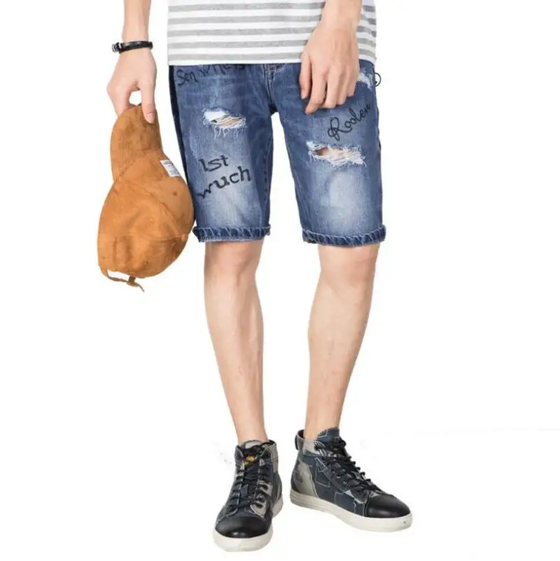 

Summer Denim Shorts Men Straight Slim Fashion Jeans Men Casual Hole Personality Letter Printed Denim Shorts
