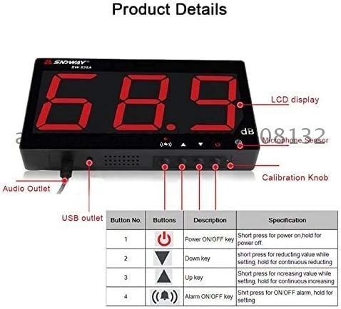 SW-526A Digital Sound Level Meter 30-130db 18in Large Screen LCD Display Wall Hanging Decibel Noise Monitoring Tester with Alarm |