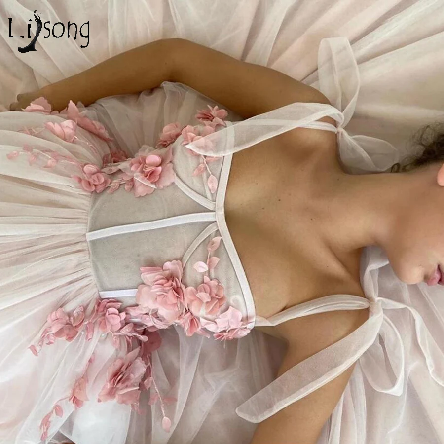 

Pretty Pink 3D Rose Flower Tulle Prom Dresses A-line Long Prom Gowns Bow On Shoulder Floral Bridal Dresses