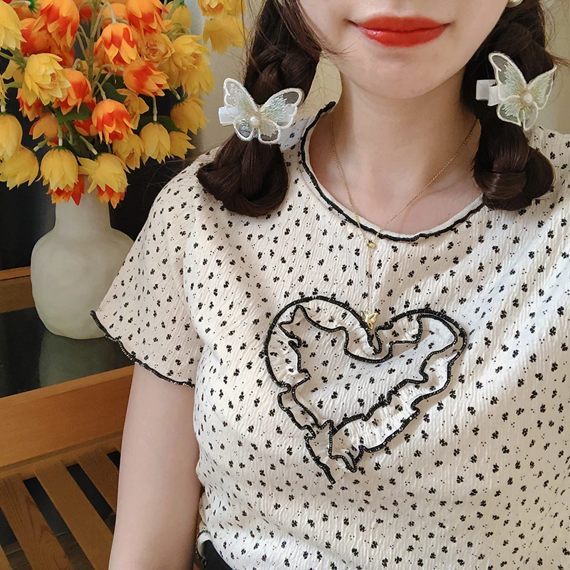 

T-shirts Women Appliques Fashion Tops Tees Ulzzang Chic Casual Sweet Girls Cute Student Kawaii Breathable Slim O-neck Simple New