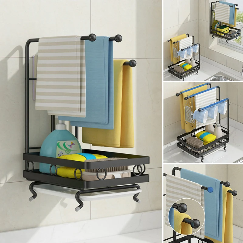 

Multipurpose Carbon Steel Kitchen Sink Caddy Organizer Coutertop Adhesive Rag Sponge Holder with Draining Plate HFing