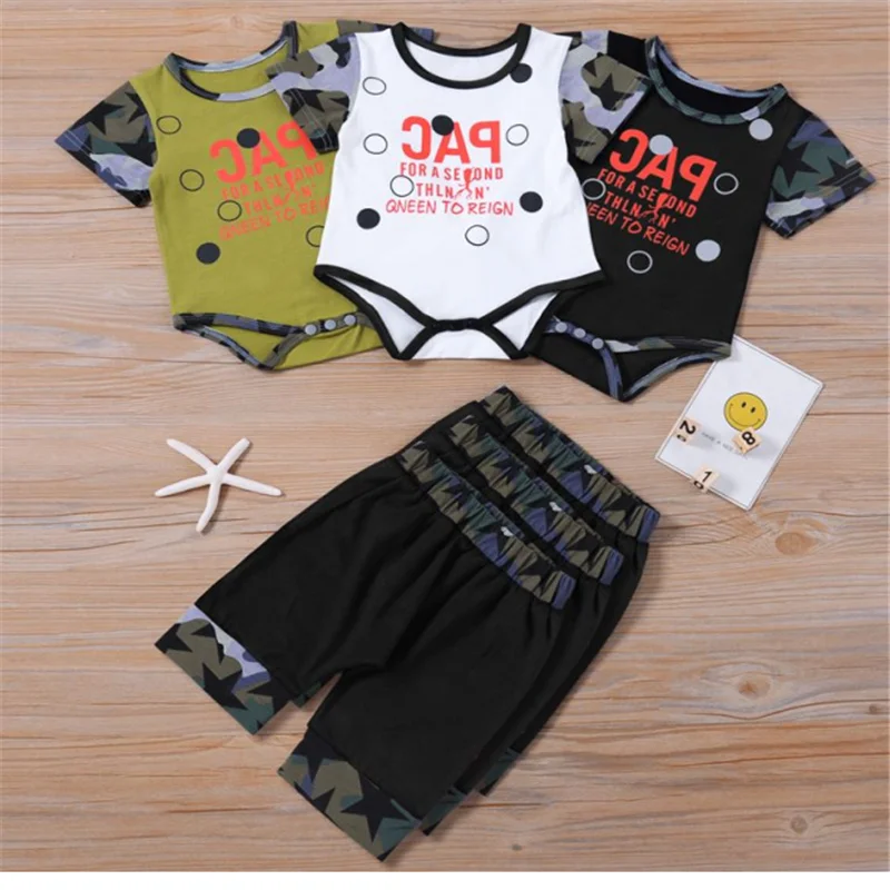 

2 Piece Outfit Set 0-24M Infant Toddle Newborn Baby Boy Causal Clothes Unique Letter Short Sleeve Romper Camouflage Short Pants