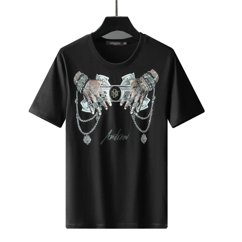 

2021 Summer Rhinestones Printed T Shirt Men Clothes Fashion Streetwear Mercerized Cotton O Neck Short Sleeve Camiseta Masculina