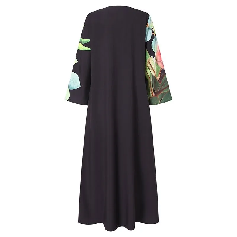 

Women Autumn Vintage Floral Boho Maxi Dress V Neck Long Sleeve Flower Print Casual Famle Robe Model Show Dresses Kaftan Sundress