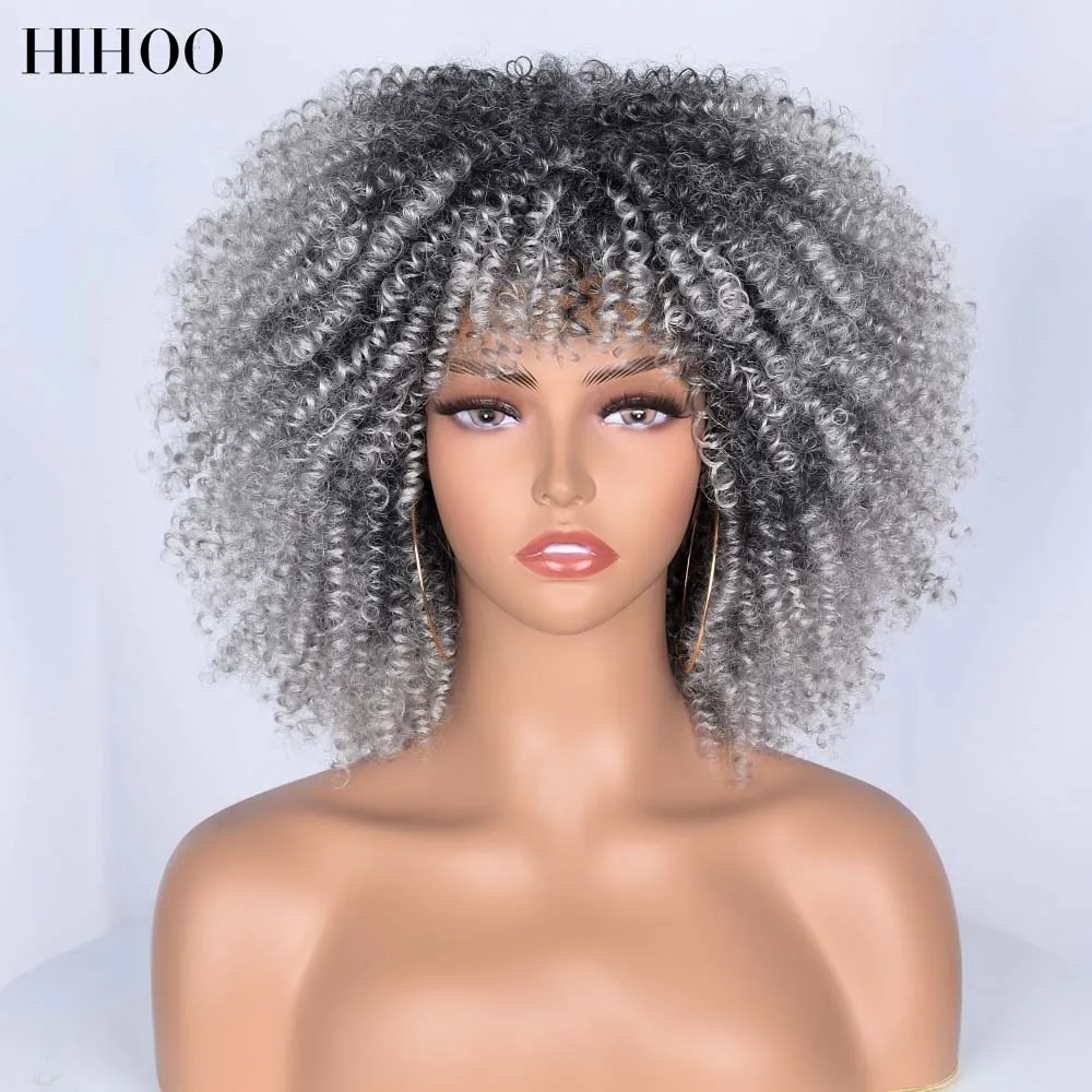 

Short Hair Kinky Curly Afro Wigs With Bangs For Women 10" Synthetic African Glueless Cosplay Heat Resistant Wigs HIHOO