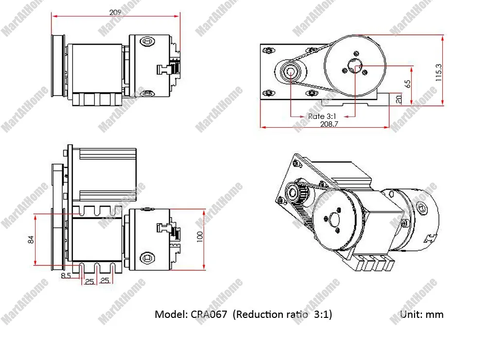 CRA067-A/B/C ЧПУ ось вращения Indexer 4th Передаточное отношение 3:1 с 3-кулачковый 100 мм патрон и 4.5A 86 шаговый двигатель