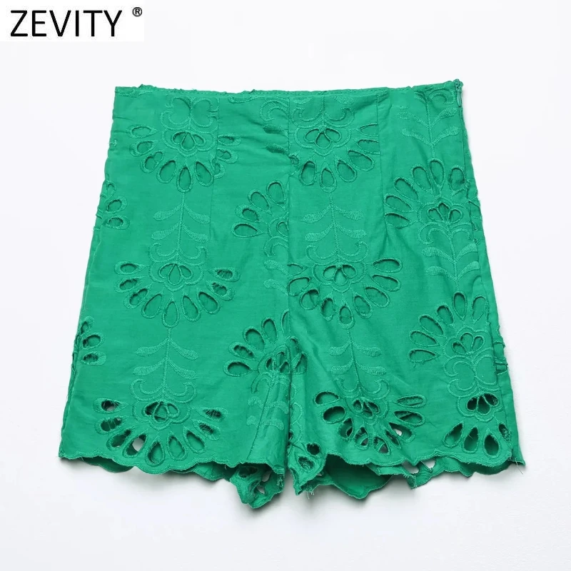 

Zevity New Women Vintage Hollow Out Embroidery Green Color Hots Shorts Female Chic High Waist Side Zipper Pantalone Cortos P1251