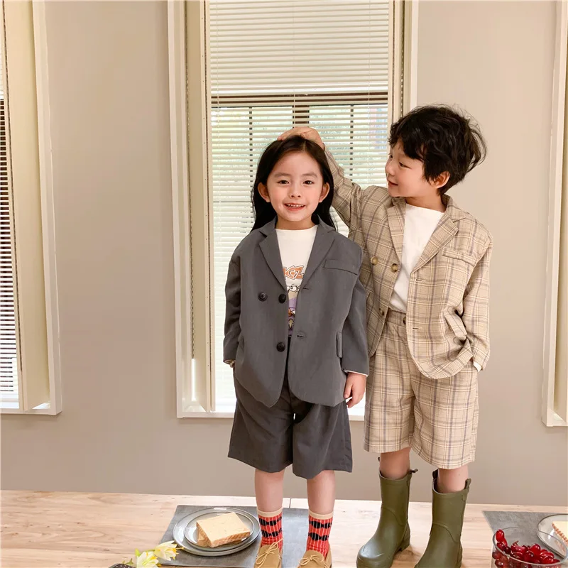 

Children's Suits 2021 Spring Baby Boys Girls Fashion Blazer Set Korean Plaid Blazer Jacket Short Pant 2pcs Boy Set Kids Clothes