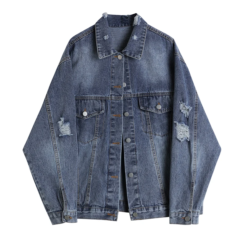 

Womens Ladies Ripped Distressed Boyfriend Trucker Jacket Washed Solid Color Long Sleeve Denim Jacket