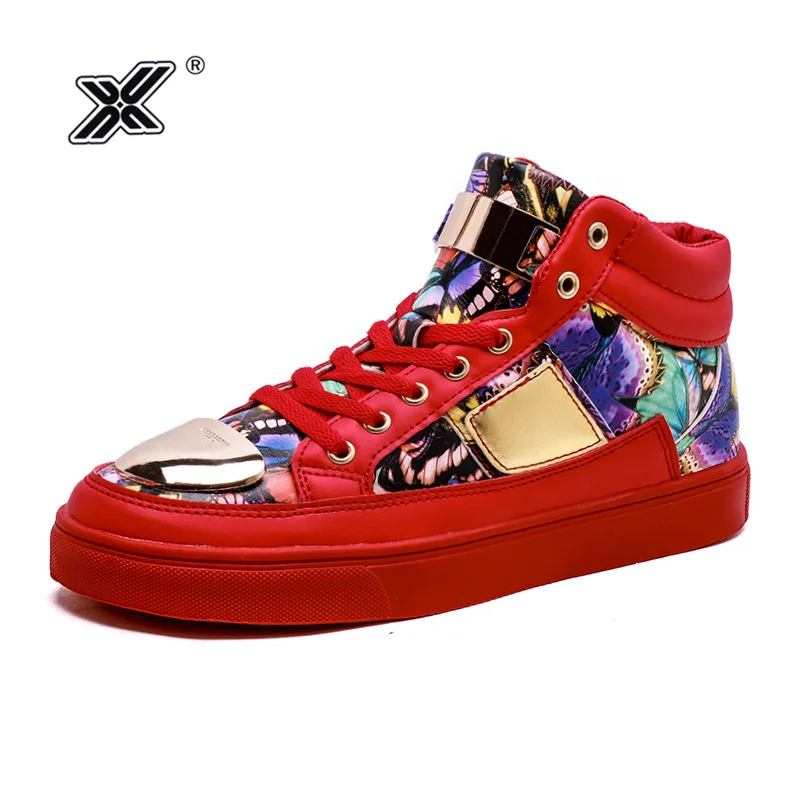 Fashion Red Graffiti Printed Glitter Shoes Men Sneakers Casual High top Hip-hop Shiny Metal Man 2020 Footwear | Обувь