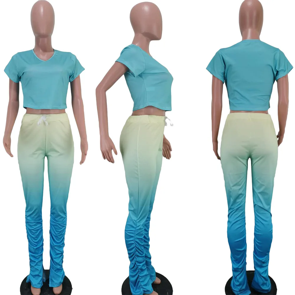 

Gradient Two Piece Set Summer Clothes For Women O Neck Short Sleeve Crop Top And Stacked Sweatpants Club Outfit Casual Tracksuit