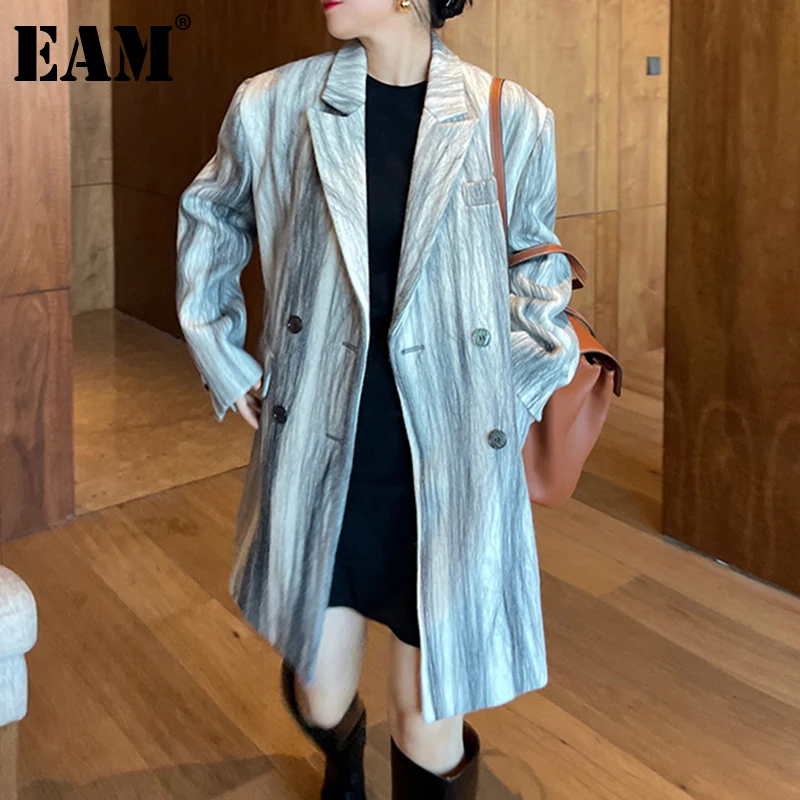 

[EAM] Women Gray print Double Breasted Blazer New Lapel Long Sleeve Loose Fit Jacket Fashion Tide Spring Autumn 2022 1DD6440