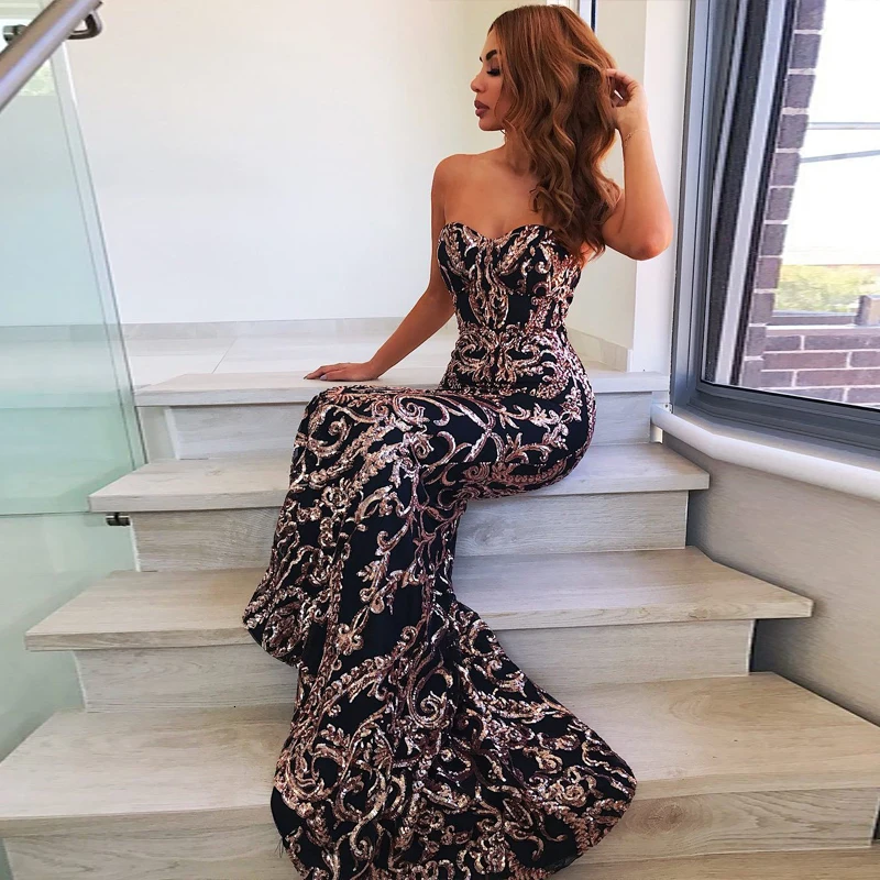 Slaygirl с низким вырезом на спине элегантный черного и золотого цвета, расшитые блестками, длинное платье в пол с Длина с открытыми плечами Вечерние Платье облегающее женское пикантное платье для ночного клуба