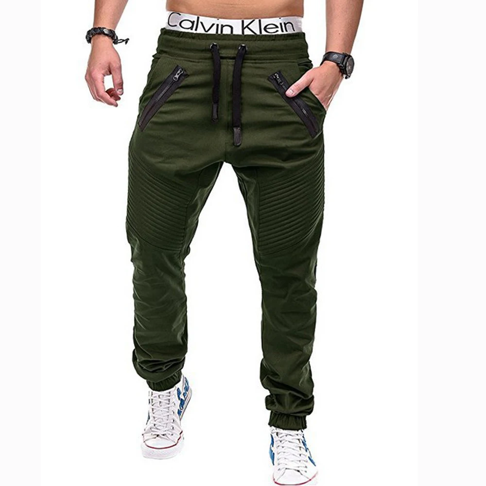 

HOT 2021 Spring Autumn Fitness woven pants zipper Pocket harem Elastic Waist joggers sweatpants stripe beam foot trousers