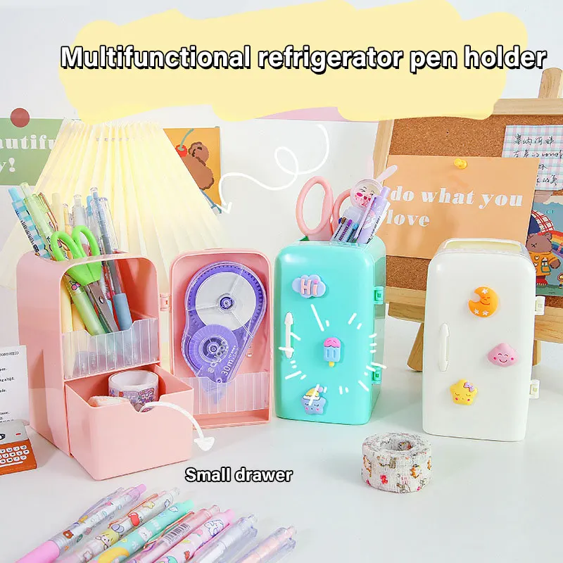 

Creative Refrigerator Shape Desktop Pen Holder DIY Decorative Makeup Brush Organizer Box Cute Student Stationery Storage Bucket