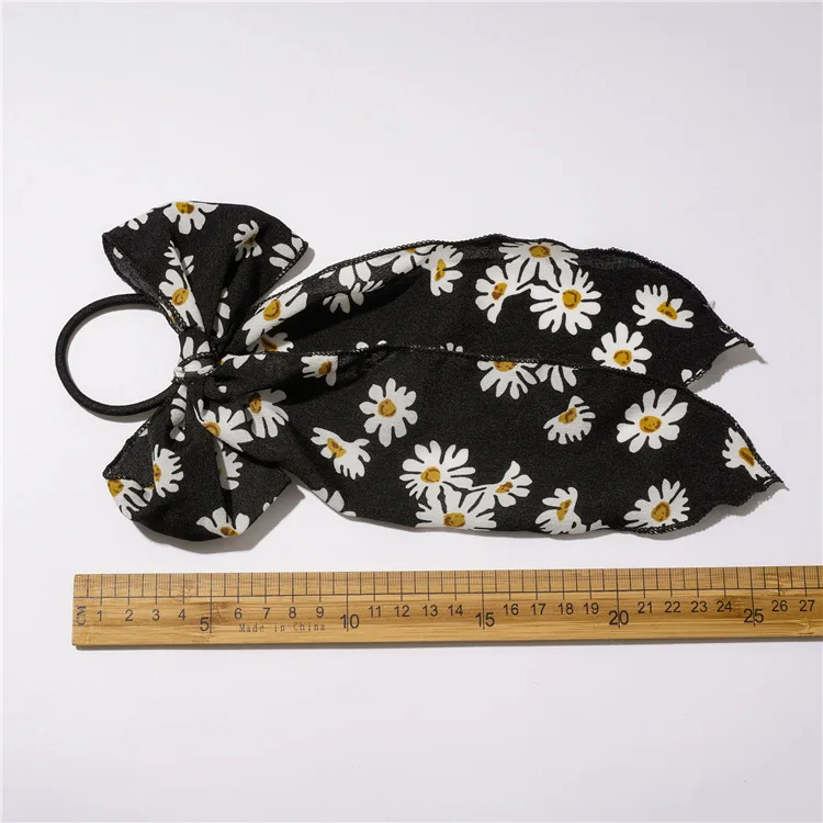 

New Daisy Print Bow Streamers Ear Scrunchies Silk Elastic Hair Band For Girls Hair Ties Korean Sweet Hair Accessories