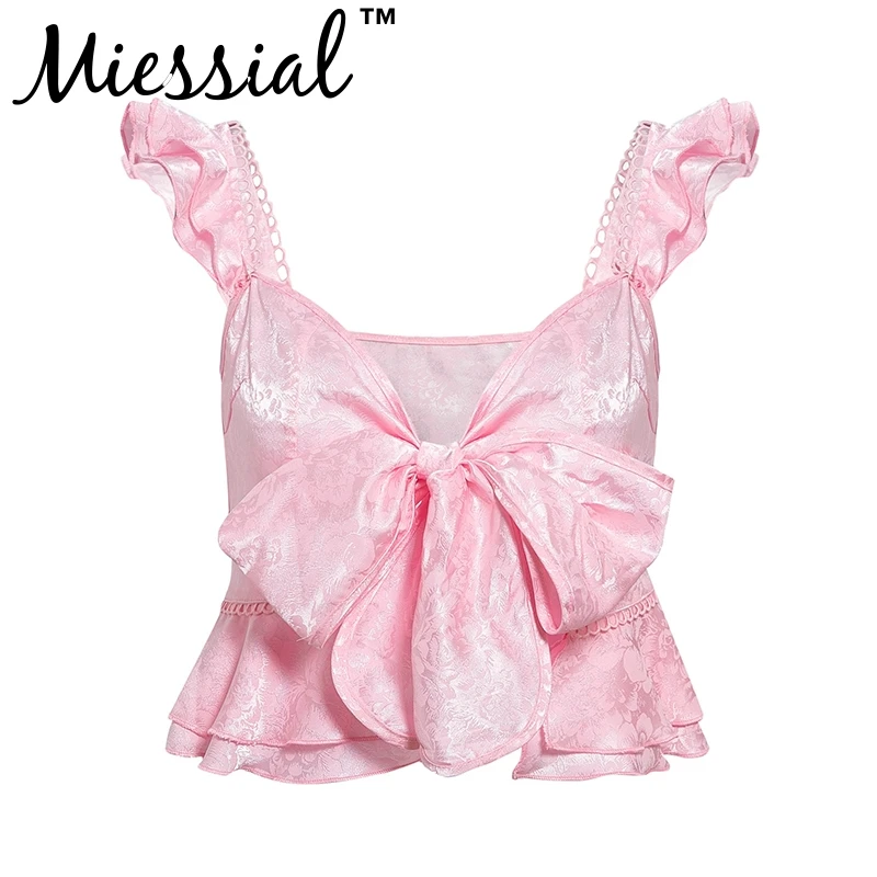 Розовый Miessial, Атласные оборки, жаккардовый сексуальный розовый топ на бретелях, женский короткий бандажный топ на бретельках, Женский бандажный укороченный топ с баской - Цвет: Розовый