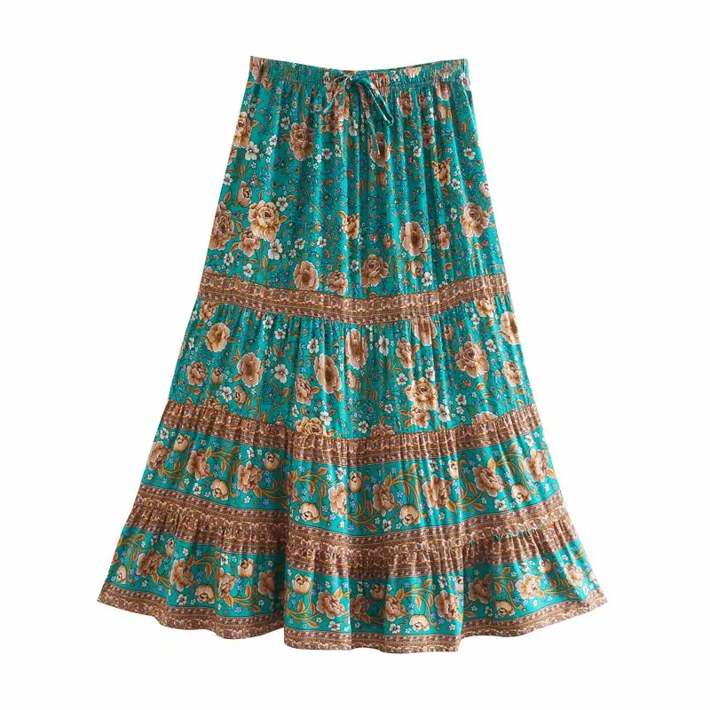 

Jastie Bohemian Floral Midi Skirt Women Elastic Waist Casual Hippie Holiday Beach Skirts A-Line Boho Skirt Female Fad Summer