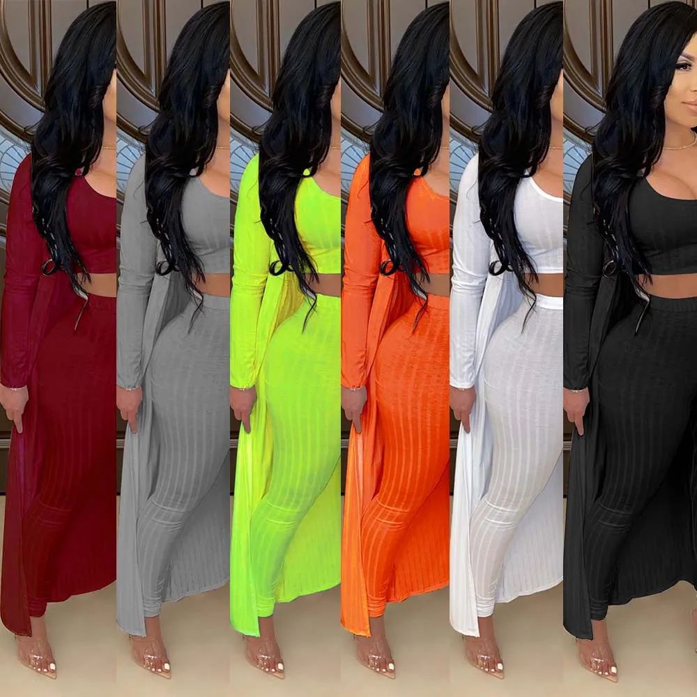 

Women Solid Three Piece Sets Casual Lady's Tank Tops High Waist Leggings V-neck Full Sleeve Ankle-Length Cardigan Casual Suits
